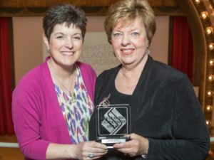 Foundation president, Kelly K. Shrock poses with Jeannine Harrold, the 2018 recipient of the David Sursa Leadership Award. The award recognizes and encourages extraordinary leadership by a nonprofit board member in Delaware County.
