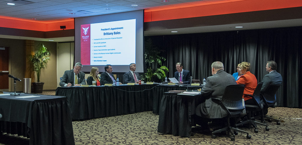 BSU President Mearns and the Board of Trustees are pictured as the new members of the MCS school board are announced. Photo by: Mike Rhodes