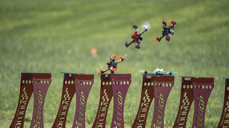 Racing drones are pictured at launch during a race. Photo by: Matt Ruddick