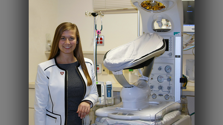 A key tool proposed for Hannah’s study is the mamaRoo swing. Based at IU Health Ball Memorial Hospital, her research team will monitor infants’ vital signs to assess the beneficial effects of soothing lullaby music combined with gentle rocking. Photo by: Dawn Brand Fluhler