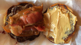 A peanut butter and jelly burger, jelly being under the patty. Photo by: Nancy Carlson