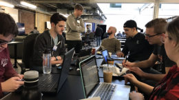 Ball State students Alex Kane and Guadalupe Vega are pictured working with their team at Startup Weekend Columbus. Kane joined the organizing team for Startup Weekend Muncie after attending the event in Columbus. Photo provided.