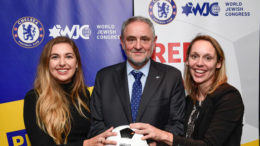 WJC CEO and Executive Vice President Robert Singer, center, with Seren Fryatt (right) and Alyssa Chassman (left), winners of the NY Pitch for Hope competition. Photo by: Shahar Azran