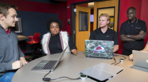 Students in ENT 341 collaborate in the newly renovated TriPhase Tech Lab classroom. Photo courtesy of Ball State University