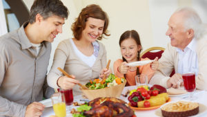 A family enjoys a traditional Thanksgiving dinner. What are YOU thankful for? Photo by Storyblocks.