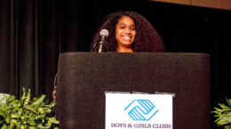 Jayonna Taylor accepts her Youth of the Year award and shares what it means to her in front of the Great Futures Dinner attendees at the Horizon Convention Center. Photo provided