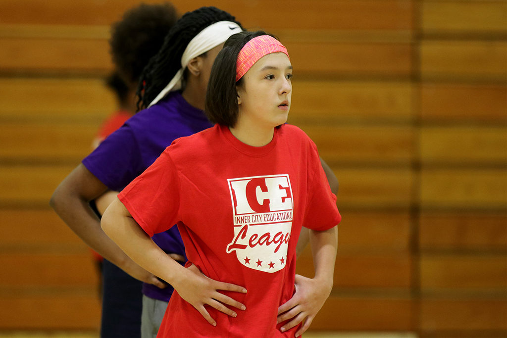 Faith Shroll, Burris student, waits her turn with other ICE League hopefuls during Draft Day drills on Saturday, Feb. 2. (Photo provided by Project Leadership / ICE League).