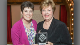 Foundation president, Kelly K. Shrock poses with Jeannine Harrold, the 2018 recipient of the David Sursa Leadership Award. The award recognizes and encourages extraordinary leadership by a non-profit board member in Delaware County.
