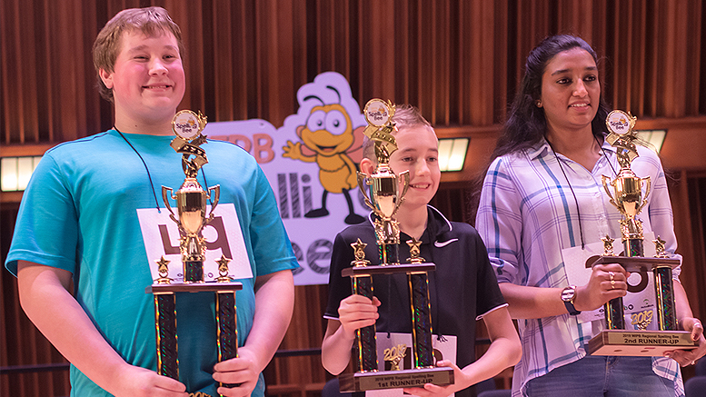 Andrew Toney (left), a student at Lee L. Driver Middle School in Winchester, was the winner of the 2019 WIPB Spelling Bee. The first runner-up was Trooper Bullock (middle) from Wes-Del Jr./Sr. High School and the second runner-up was Mahathi Raju, a student at Yorktown Middle School. Photo provided