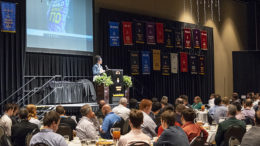 Heather Richards presents information about Type 1 diabetes at a Delta Tau Delta noon luncheon in the Horizon Convention Center. Photo by: Mike Rhodes