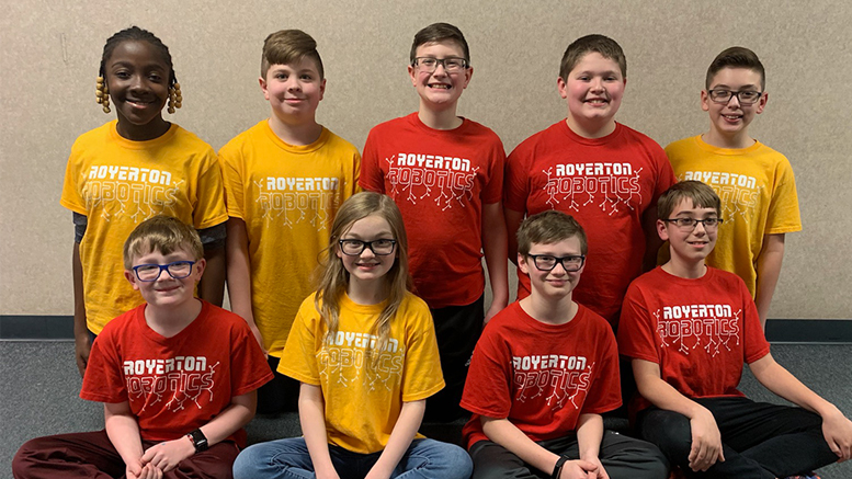 The Royerton Elementary School robotics team. Back Row (Left to Right): Elizabeth Bamidele, Noah Parrot, Mason Hopper, John Atkinson, Alex Miranda. Front Row (Left to Right): Caleb Hunter, Madison Mosser, Hudson Ewing, Luke Huston. Not pictured: Logan Thomas.