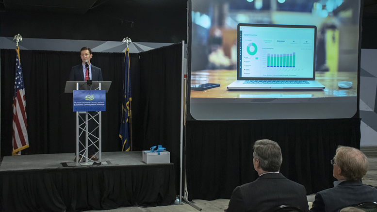 Adam Unger, Accutech Systems President, makes remarks during a news conference announcing the company will move its headquarters to downtown Muncie. Photo by: Mike Rhodes