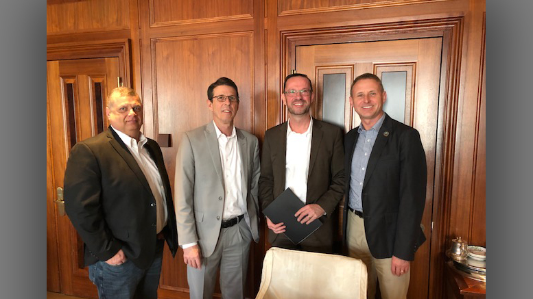 Pictured L-R: James King, Delaware County Commissioner Bill Walter, Director, ECI Regional Planning District Thomas Schwegmann, CEO PONS Atlantic Partners, GmbH, Berlin Brad Bookout, Director of Municipal and Economic Affairs, Delaware County, Indiana