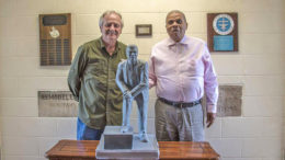 Hoosier artist, Bill Wolfe is pictured with Hurley C. Goodall and a miniature version of the lifesized statue. File photo.