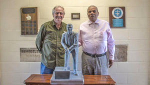 Hoosier artist, Bill Wolfe is pictured with Hurley C. Goodall and a miniature version of the lifesized statue. File photo.