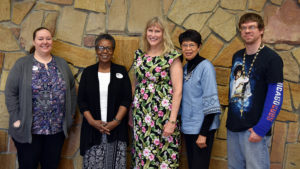 "Yes We Care" meeting at Kennedy Library. Pictured from left to right are: Shanna Hurd, MPL Youth Services; Akilah S. Nosakhere, MPL Director; Lauren Bishop-Weidner and Mary Dollison, community volunteers; and Emmanuel Mendez, MPL Youth Services. Photo by: Noelle Gudger, Muncie Public Library