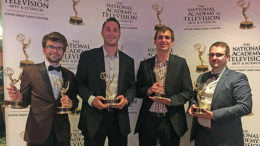 2018 grad Ryan Shank (left), won two Emmys at the annual Lower Great Lakes Chapter awards ceremony in Cleveland.  2019 grad Sam Ahrens, 2018 grad Logan Dubbs, and 2018 grad Jay Fields also received honors in Cleveland. Photo provided