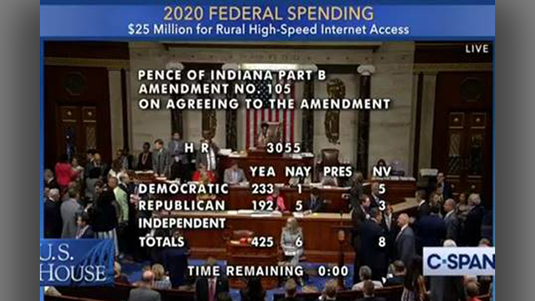 Pence amendment passes 425 to 6 and increases funding for rural broadband.