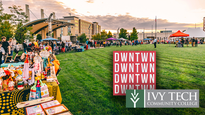 Vendor tents surround Canan Commons in downtown Muncie. Photo by: Intersection Agency