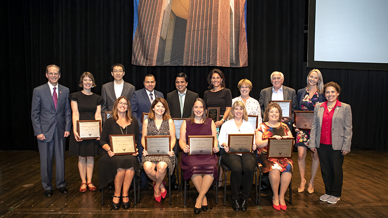 Winners of Ball State University’s Outstanding Faculty Awards celebrate with President Geoffrey S. Mearns and Provost and Executive Vice President for Academic Affairs Susana Rivera-Mills. Photo provided