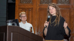 L-R: Emcees C.K. Hendershot and Braydee Euliss. PechaKucha 20x20. Photo by: Jordan Huffer