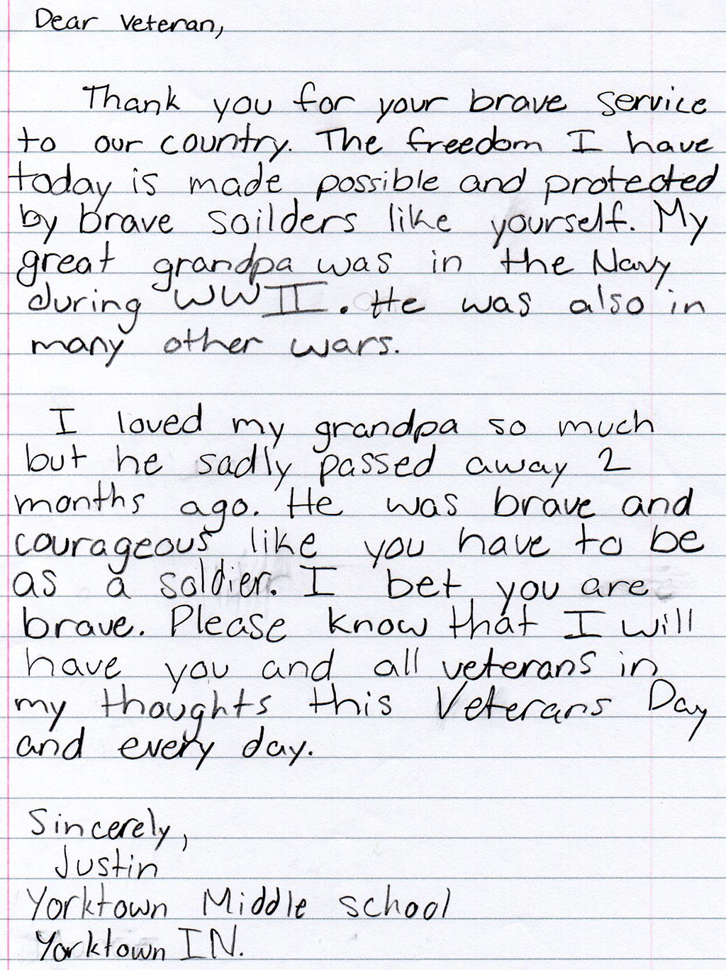  Letters To Veterans From Area Students Today s Letter Written By 