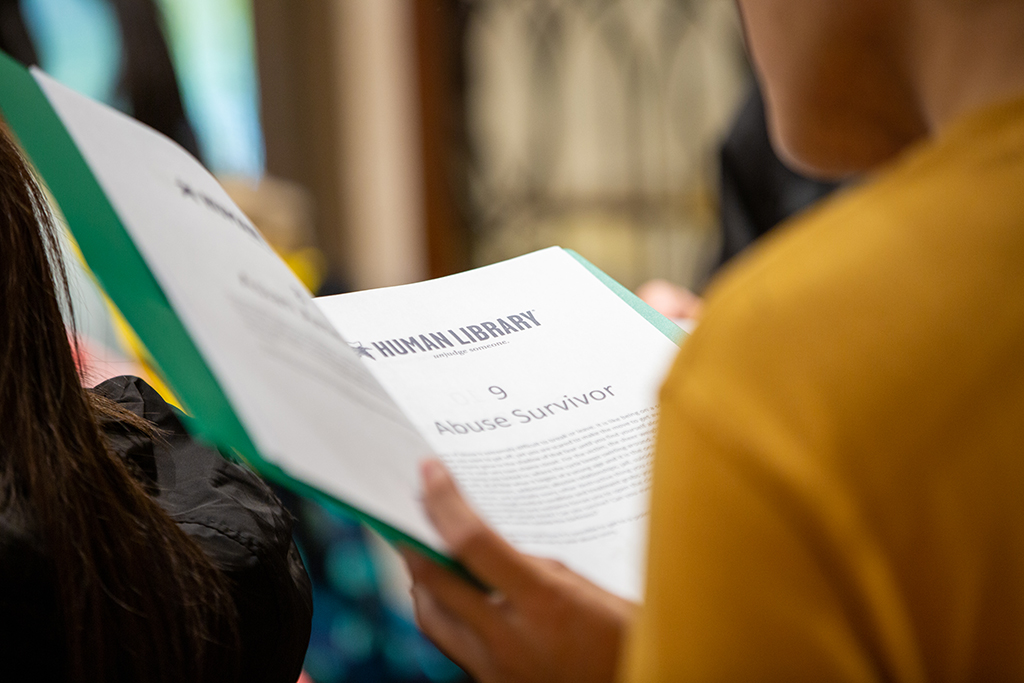 Readers choose a book by their title from a catalogue with a brief description of the topic. Books are checked out for a half hour loan during which conversation and dialogue may lead to tough questions and powerful answers to build understanding and community. Photo provided