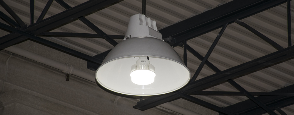 One of the new ceiling LED lights installed in the front lobby of the Horizon Convention Center. Photo by: Mike Rhodes