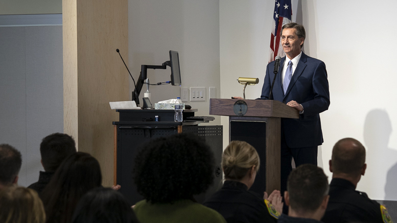 Muncie Mayor Dan Ridenour is pictured presenting his first "State of the City" address. Photo by: Mike Rhodes