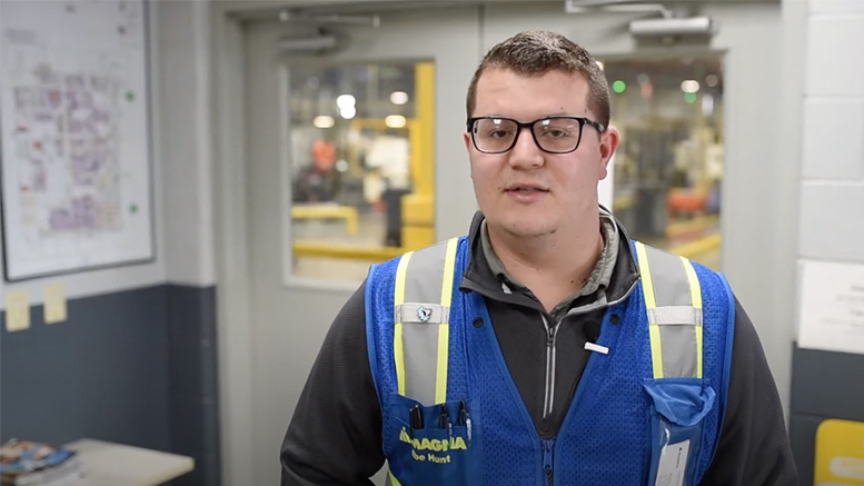 be Hunt, a manufacturing engineer at Magna Powertrain is pictured during a Youtube video where he describes his work at Magna Powertrain.