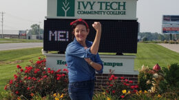 Jeannie Hamblin Fox, co-chair for 2020 fundraising campaign for United Way of Delaware, Henry and Randolph Counties, poses as “Rosie the Riveter.” Fox is site director for the Ivy Tech Henry County campus.