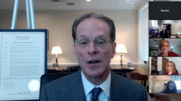 BSU President Geoffrey S. Mearns is pictured during a ZOOM meeting today accepting the official 21st Century Talent Region designation. The governor’s proclamation is pictured beside him on the left. Over 100 local and state officials and guests participated in the ZOOM meeting presentation.