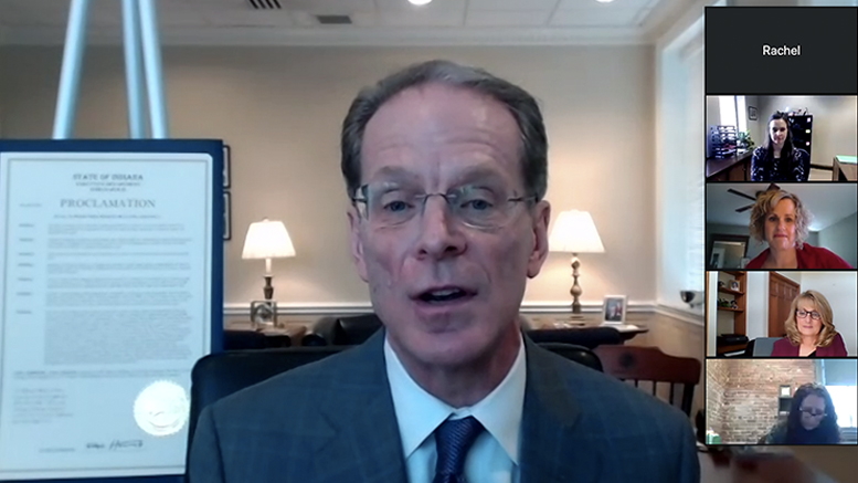 BSU President Geoffrey S. Mearns is pictured during a ZOOM meeting today accepting the official 21st Century Talent Region designation. The governor’s proclamation is pictured beside him on the left. Over 100 local and state officials and guests participated in the ZOOM meeting presentation.