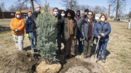 Muncie Mayor Dan Ridenour launched his project "1000 trees in 1000 days" at the Vietnam Veterans Memorial site in Heekin Park on Friday, March 19th where this evergreen tree planting took place. Photo by Mike Rhodes