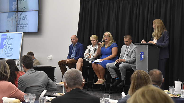 Pictured L-R: Jamie Merisotis, Sue Ellspermann, Katie Jenner, and Jason Callahan field questions from ECESC Executive Director Katie Lash (right) as educational leaders from east central Indiana listen to the conversation during Wednesday evening’s gala.