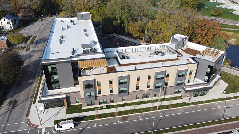 Aerial photograph of the White River Lofts, 400 W. Washington Street in Muncie. Photo by Mike Rhodes