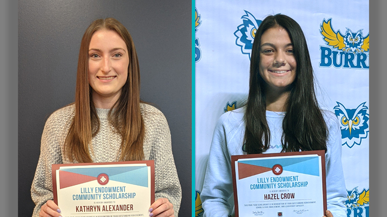 Kathryn Alexander, Delta High School (left), and Hazel Crow, Burris Laboratory School (right), were presented with Lilly Endowment Community Scholarships on Tuesday during private ceremonies at their respective schools.