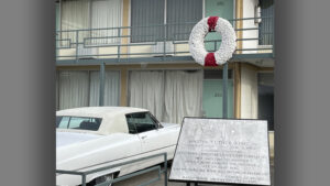 This wreath marks where Rev. Martin Luther King, Jr. was assassinated. Photo by Nancy Carlson.