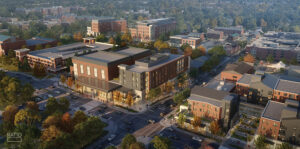 Artist aerial rendering of the village. Rendering provided by Ball State University.