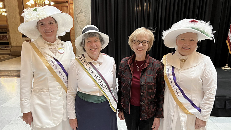 Indiana DAR members Diana Ebling,Carol Robinson, Dist. 34 Representative Sue Errington, Elaine Sholty as Grace Julian Clarke at Women's History Month Dedication. Photo provided.