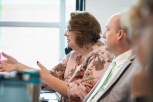 Bekah Clawson, president and CEO of Second Harvest Food Bank of East Central Indiana, participates in discussion during a fundraising training hosted by Nonprofit Support Network while Scott Watkins, executive director of Orchestra Indiana, looks on. The Nonprofit Support Network is launching nonprofit-specific programming that will raise awareness around key topics related to nonprofit work.