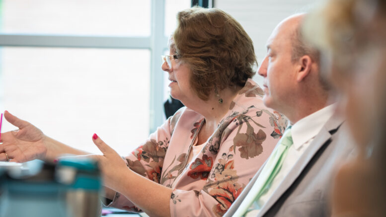 Bekah Clawson, president and CEO of Second Harvest Food Bank of East Central Indiana, participates in discussion during a fundraising training hosted by Nonprofit Support Network while Scott Watkins, executive director of Orchestra Indiana, looks on. The Nonprofit Support Network is launching nonprofit-specific programming that will raise awareness around key topics related to nonprofit work.