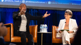 LaVar Burton is pictured as Juli Metzger interviews him during the Indiana Youth Institute Conference. Photo provided