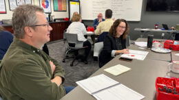 Leigh Carter Edwards with Muncie Mission Ministries and Carl Schafer with Muncie Arts discuss fundraising best practices during a training hosted by Nonprofit Support Network in November 2022. In 2023, Shafer Leadership Academy and Nonprofit Support Network are collaborating to provide year-long educational programs for nonprofits in Muncie and Delaware County. Photo provided