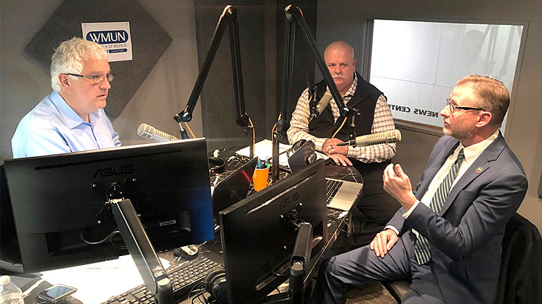 L-R: Steve Lindell, Shannon Henry and Brad Bookout discuss economic development in Delaware County during an episode of "Delaware County Today" on WMUN. Photo by Mike Rhodes