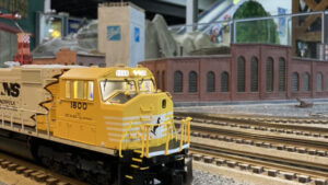 One of the trains you might see at the Muncie Model Train Show. (Note the familiar Ball Corp logo on the tower just behind the train.) File photo.