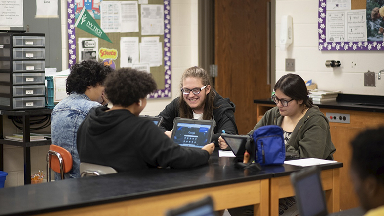 Muncie Central High School students collaborate on a group project. Photo by Maggie Manor