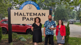 J.P. Hall was presented with the David Sursa Leadership Award during Tuesday evening's Halteman Village Neighborhood Association Board Meeting by The Community Foundation of Muncie & Delaware County's Board Chair Sara Shade Hamilton and President & CEO Marcy Minton. Pictured (left to right) Hamilton, Hall, and Minton. Marta Moody was also posthumously recognized with the David Sursa Leadership Award in 2023.