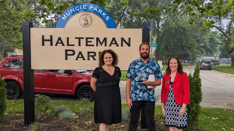 J.P. Hall was presented with the David Sursa Leadership Award during Tuesday evening's Halteman Village Neighborhood Association Board Meeting by The Community Foundation of Muncie & Delaware County's Board Chair Sara Shade Hamilton and President & CEO Marcy Minton. Pictured (left to right) Hamilton, Hall, and Minton. Marta Moody was also posthumously recognized with the David Sursa Leadership Award in 2023.
