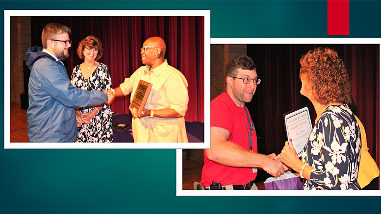 Andrew Hacker is photographed with Dr. Kwiatkowski and school board member WaTasha Barnes Griffin; Horner is photographed with Dr. Kwiatkowski.